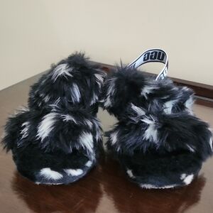 UGG Black and White Fluffy Slippers